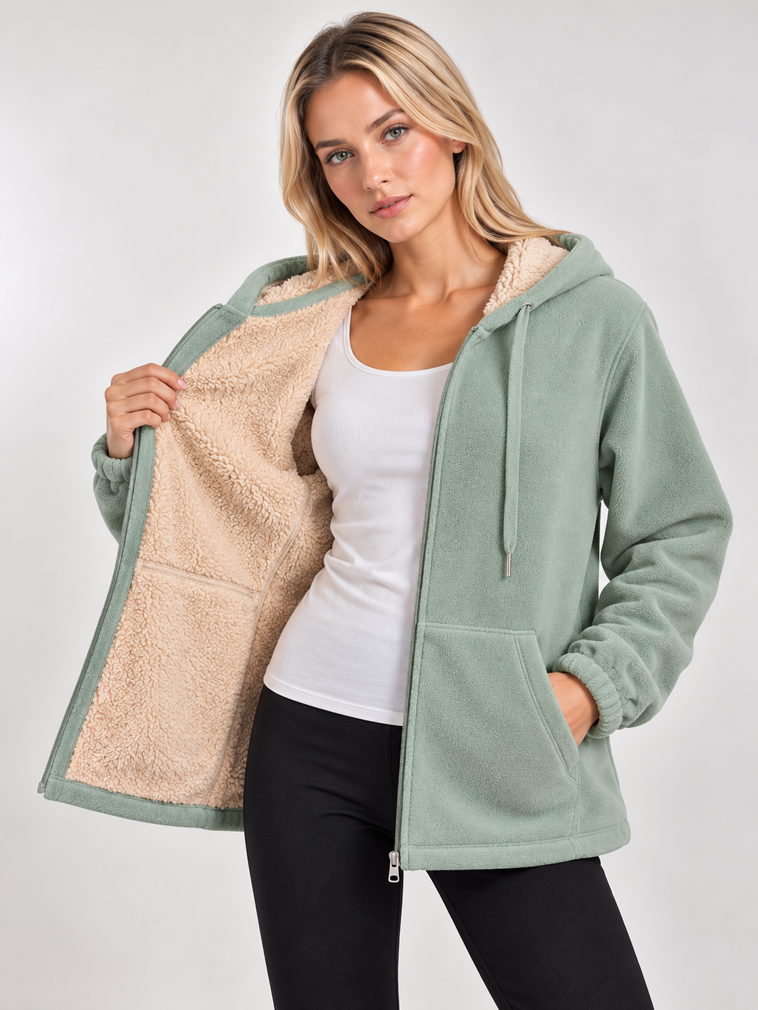 Sage Green Sherpa Lined Zip-Up Hooded Fleece Jacket