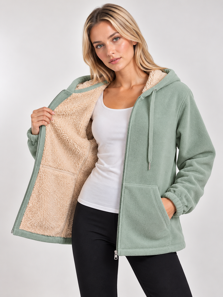 Sage Green Sherpa Lined Zip-Up Hooded Fleece Jacket