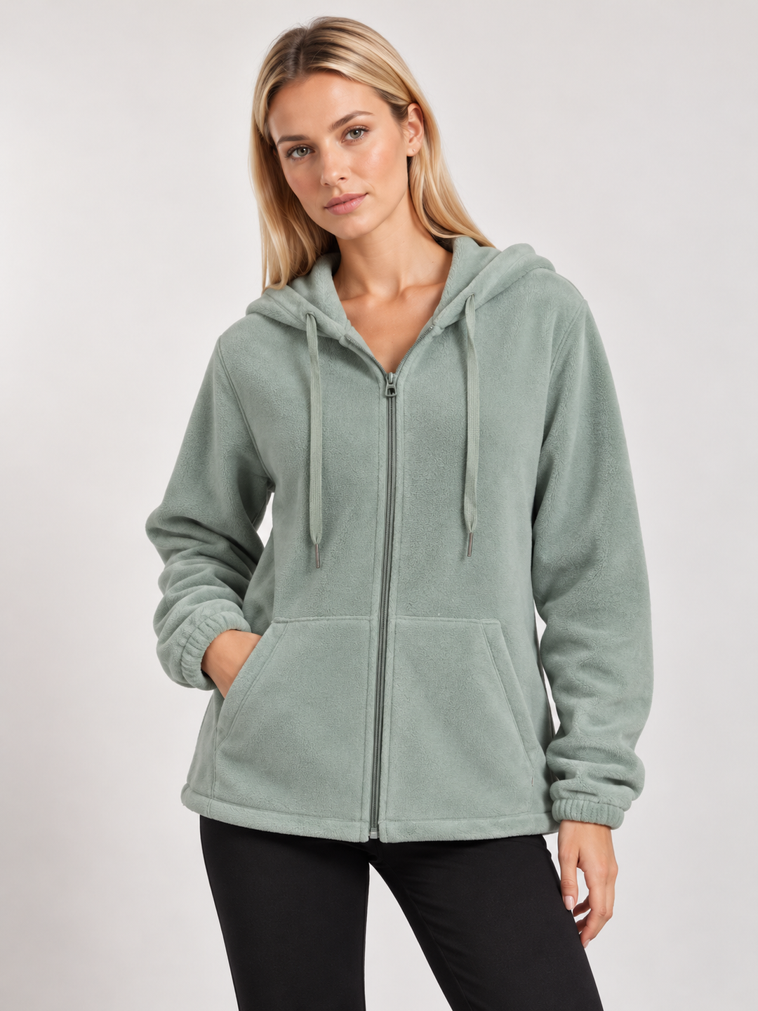 Sage Green Sherpa Lined Zip-Up Hooded Fleece Jacket