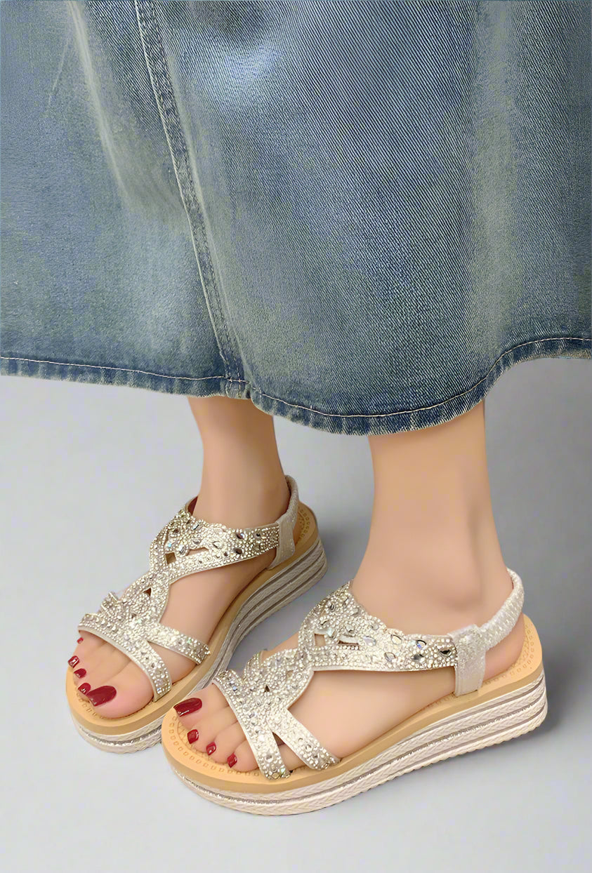 Silver Embellished Wedge Elegant Summer Platform Sandals