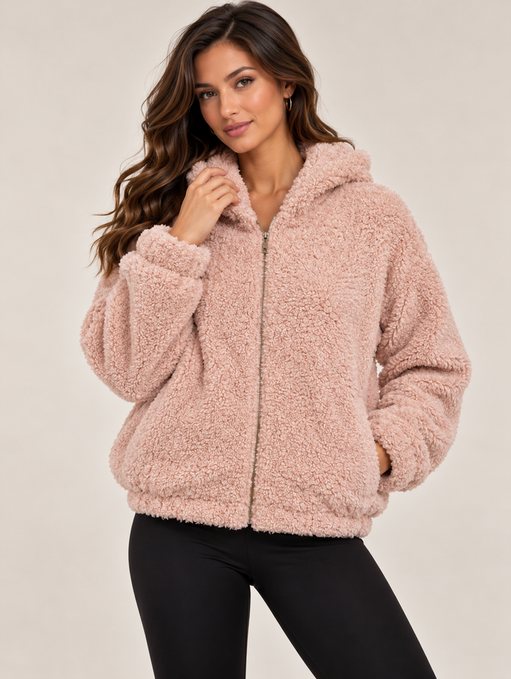 Soft Pink Curly Faux Fur Hooded Zip-Up Jacket