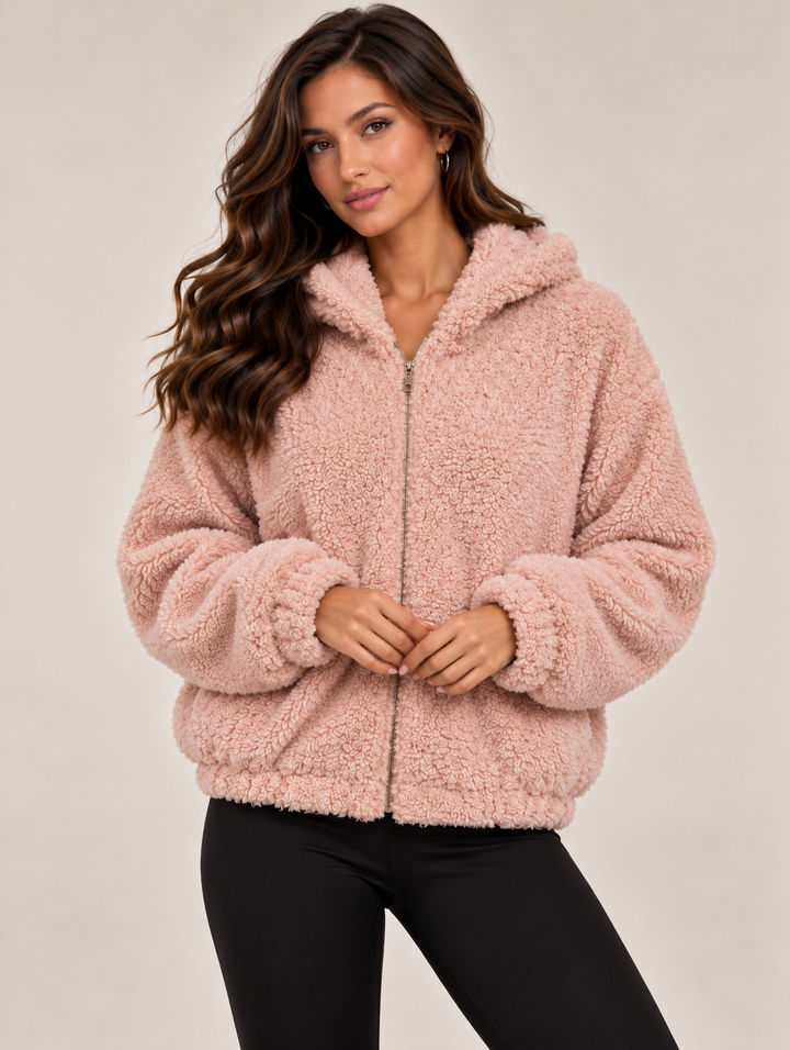 Soft Pink Curly Faux Fur Hooded Zip-Up Jacket