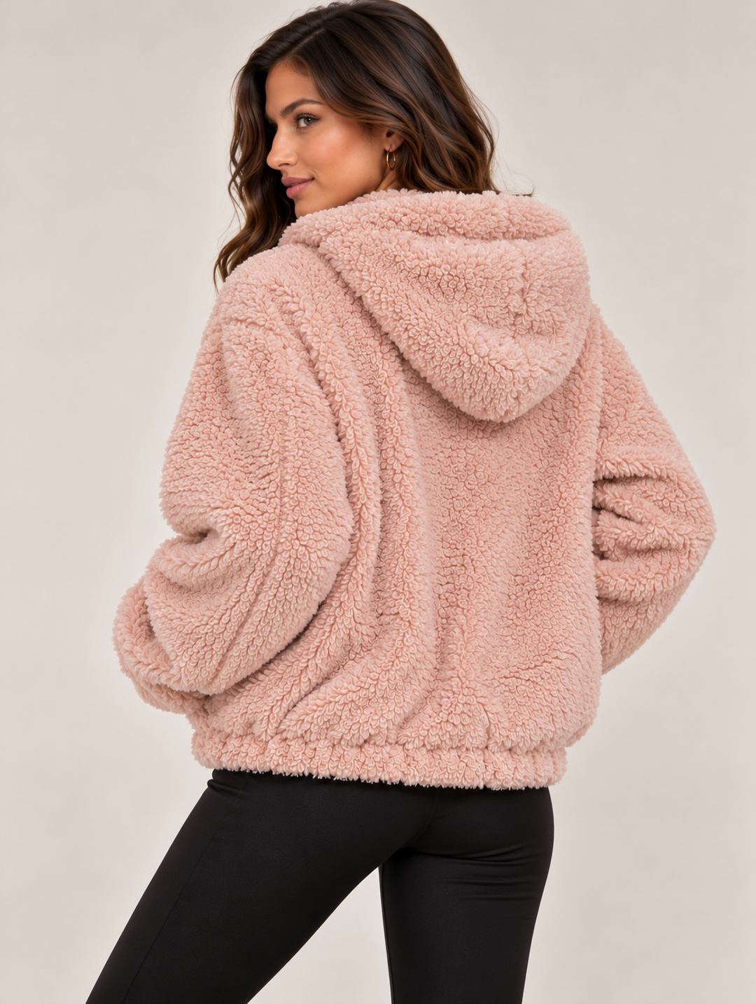 Soft Pink Curly Faux Fur Hooded Zip-Up Jacket