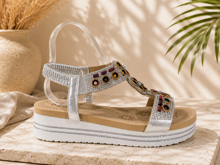Silver Diamante Platform Elastic Slingback Comfort Summer Sandals