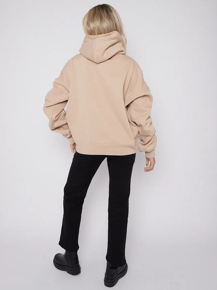 Stone Ribbon Drawstring Ruched Sleeves Fleeced Hoodie