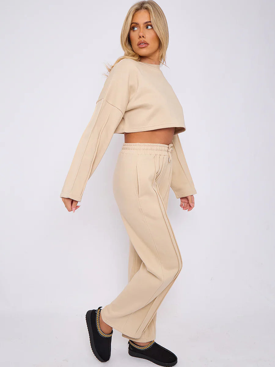 Stone Seam Detail Oversized Crop Top & Joggers Fleece Co-ord