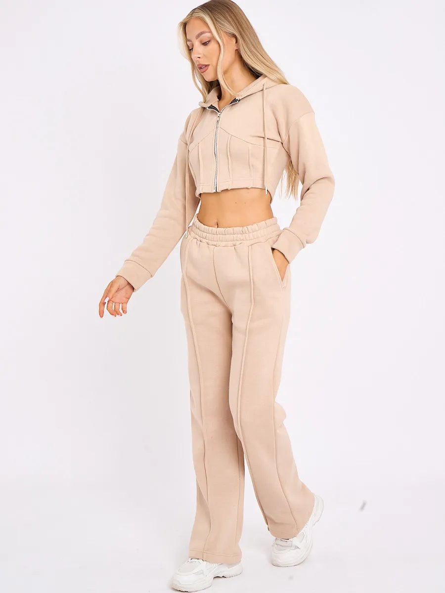 Stone Zip Up Cropped Hoodie & Wide Leg Joggers Loungewear Set