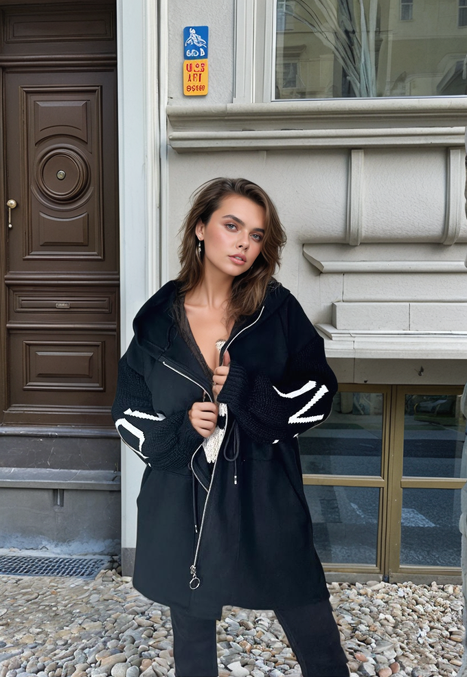 Black Love Knit Sleeves Zipper Drawstring Coat