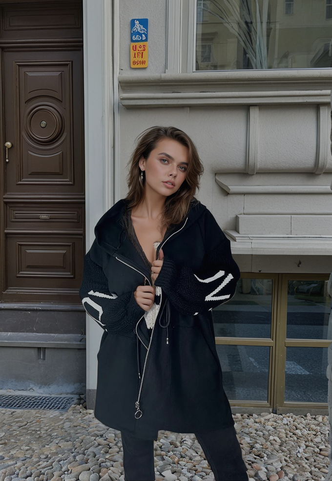 Black Love Knit Sleeves Zipper Drawstring Coat