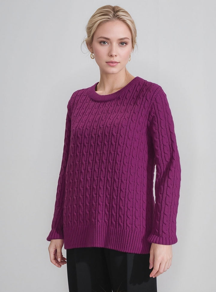 Fuchsia Pink Round Neck Cable Knit Jumper