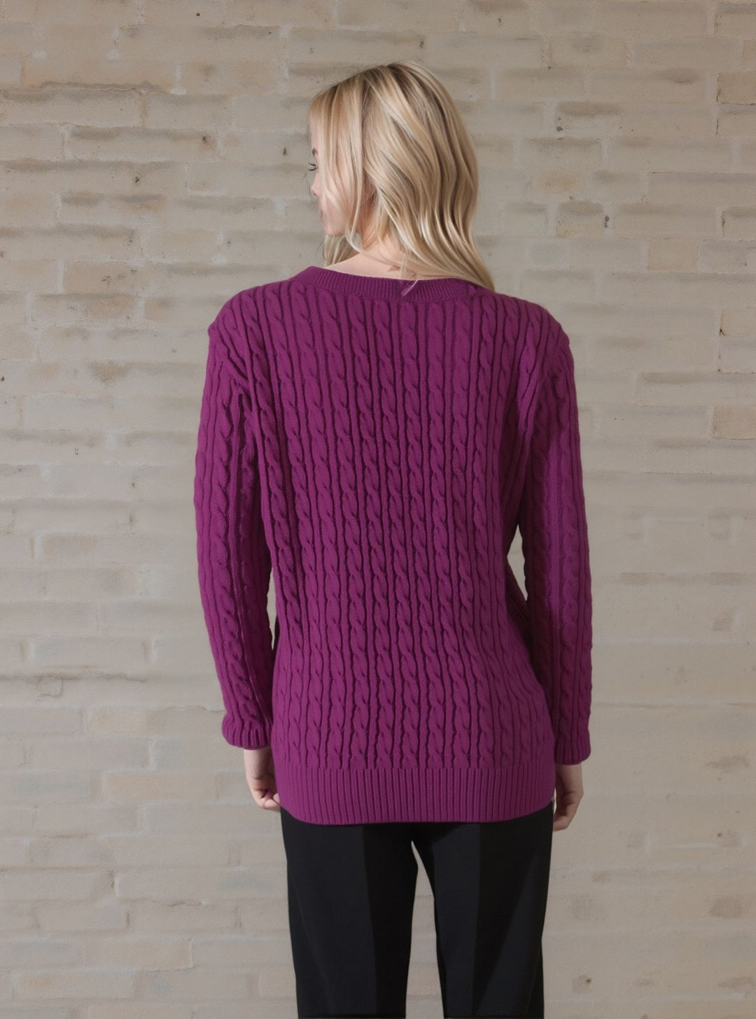 Fuchsia Pink Round Neck Cable Knit Jumper