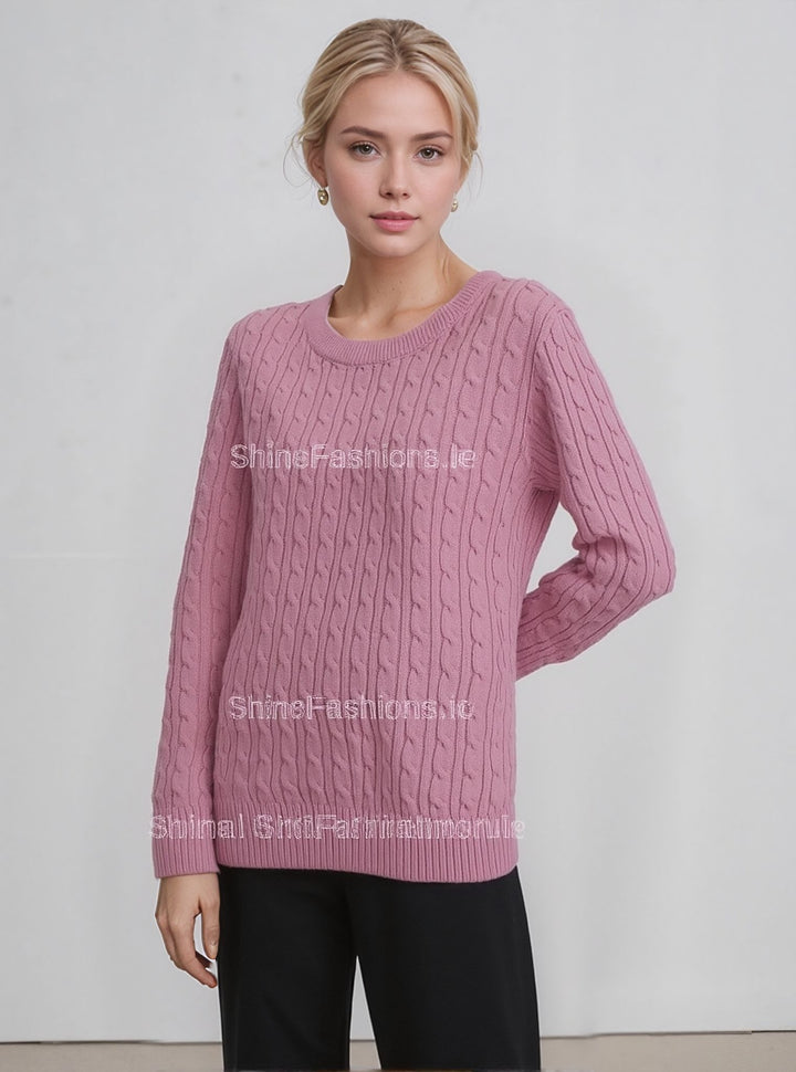 Pink Round Neck Cable Knit Jumper