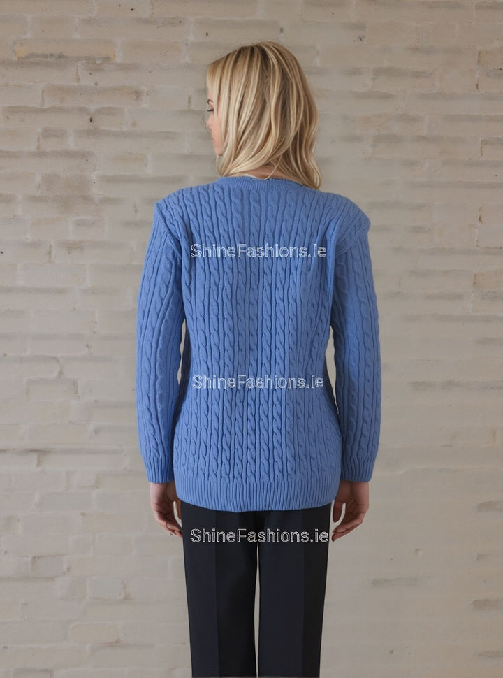 Blue Round Neck Cable Knit Jumper