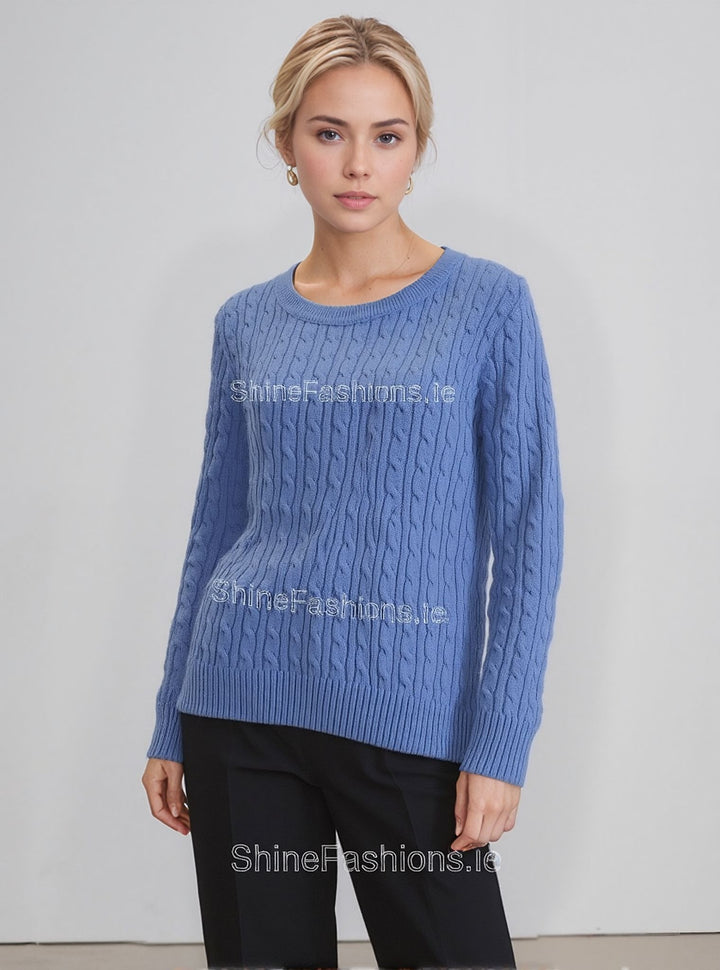 Blue Round Neck Cable Knit Jumper