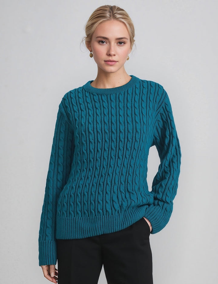 Teal Round Neck Cable Knit Jumper