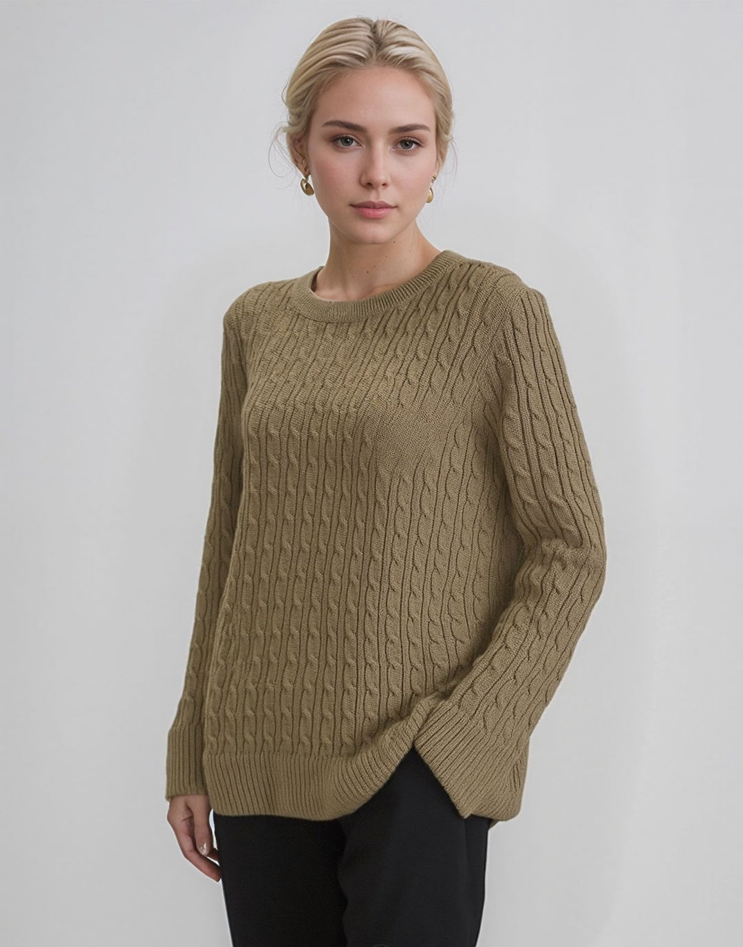 Beige Round Neck Cable Knit Jumper