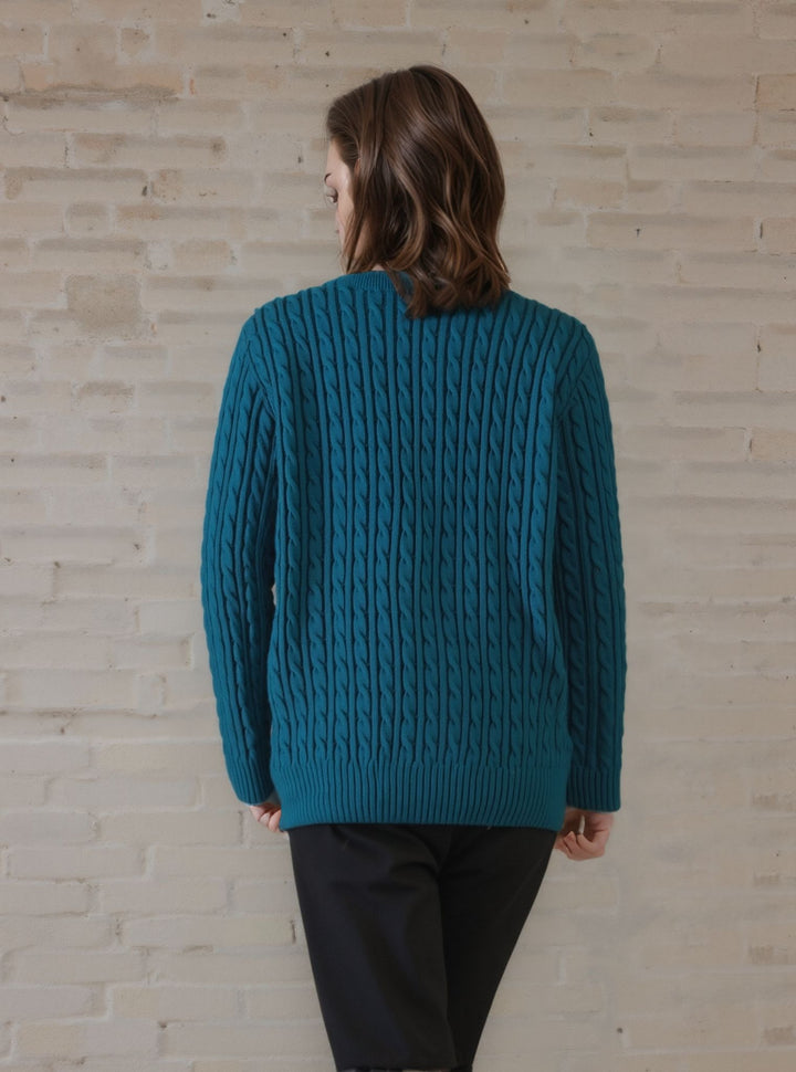 Teal Round Neck Cable Knit Jumper