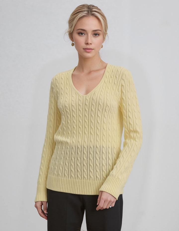 Yellow V-Neck Cable Knit Jumper