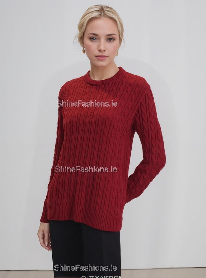 Red Round Neck Cable Knit Jumper
