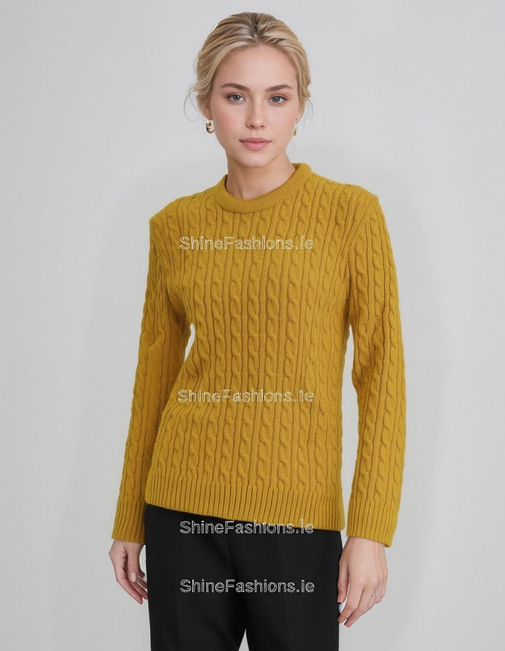 Mustard Round Neck Cable Knit Jumper
