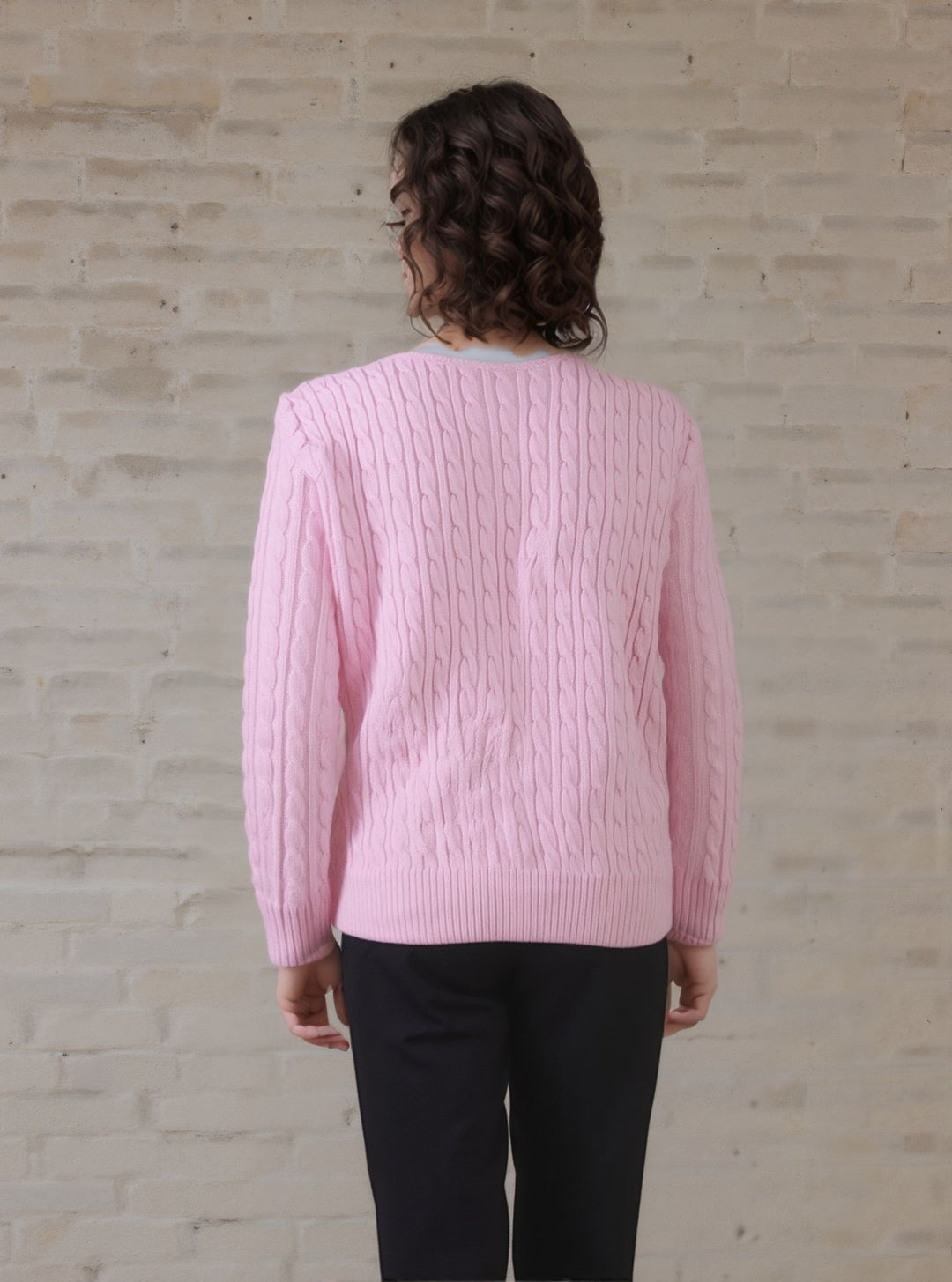 Baby Pink V-Neck Cable Knit Jumper