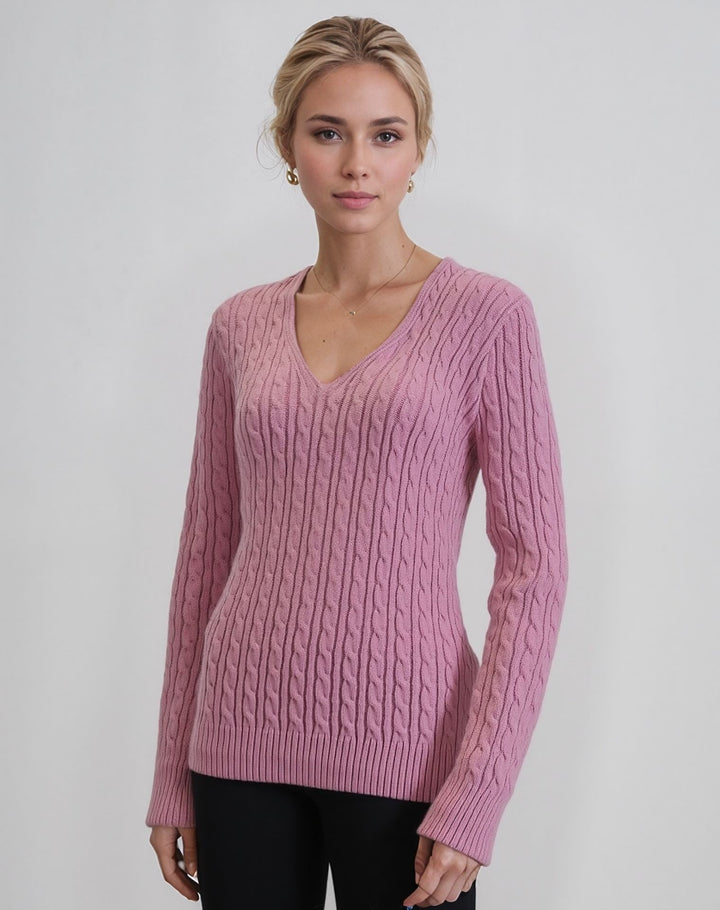 Pink V-Neck Cable Knit Jumper