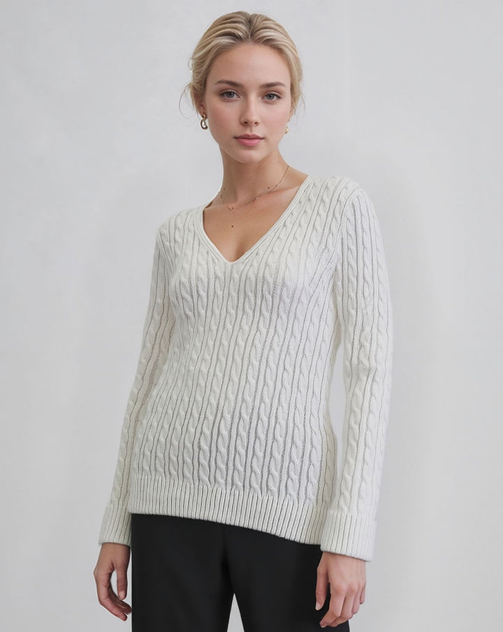 White V-Neck Cable Knit Jumper