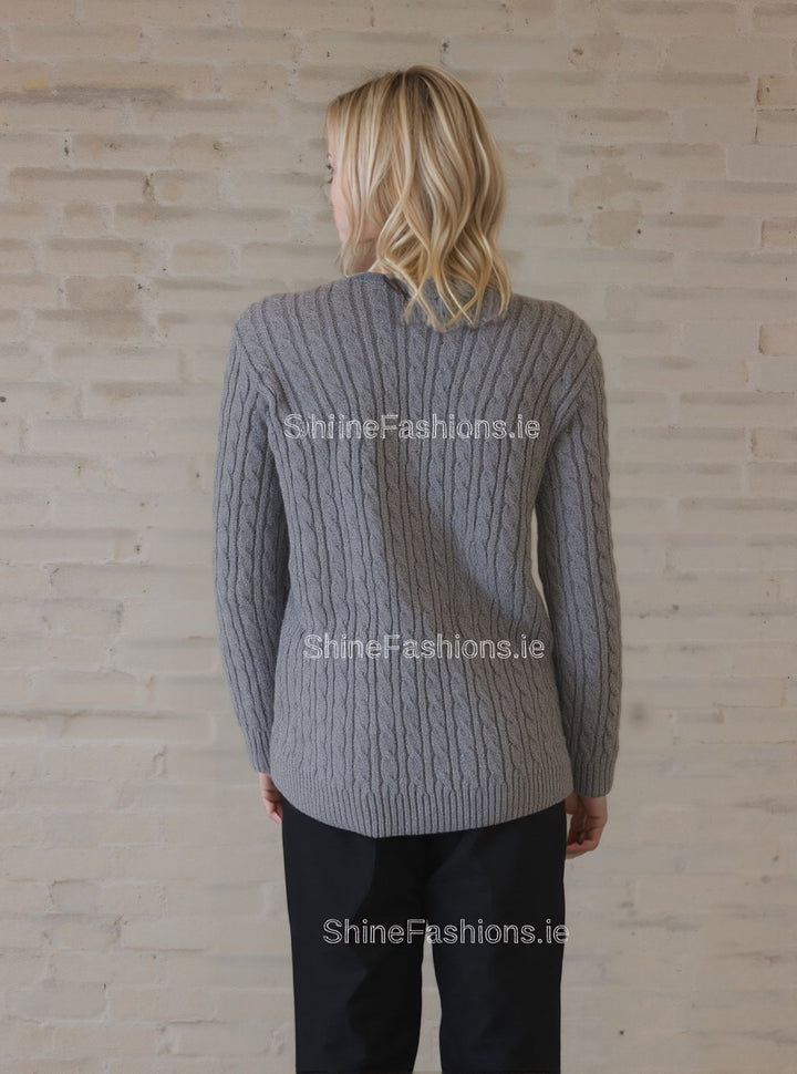 Grey V-Neck Cable Knit Jumper