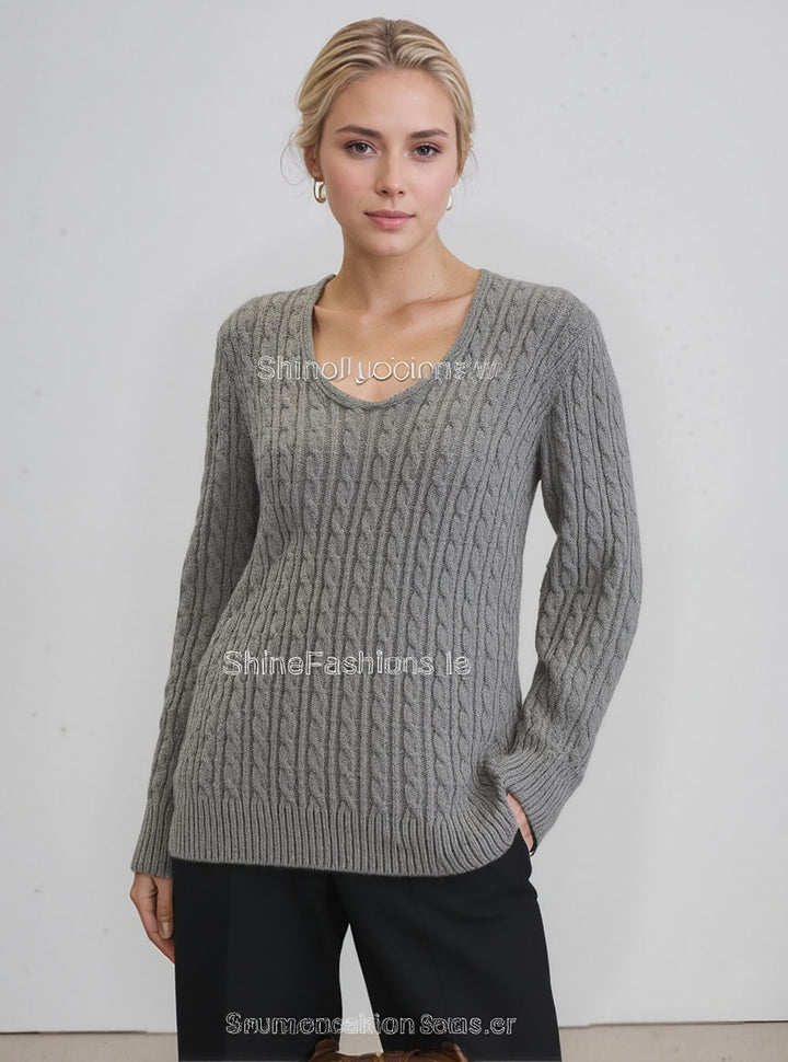 Grey V-Neck Cable Knit Jumper