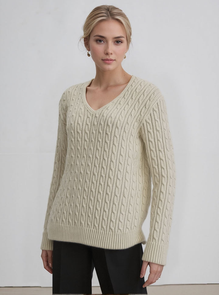 Cream V-Neck Cable Knit Jumper