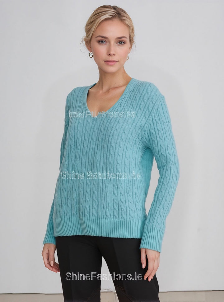 Turquoise V-Neck Cable Knit Jumper