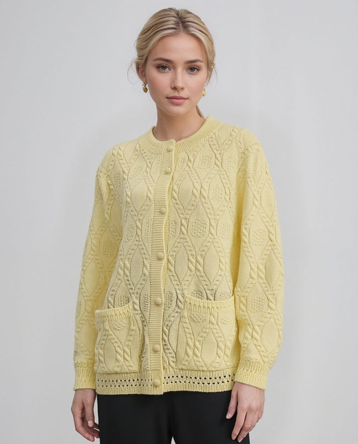 Yellow Diamond Design Button Up Pockets Cardigan