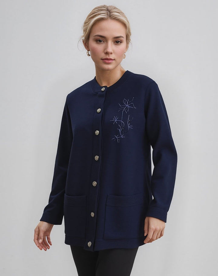 Navy Round Neck Button Pocket Cardigan