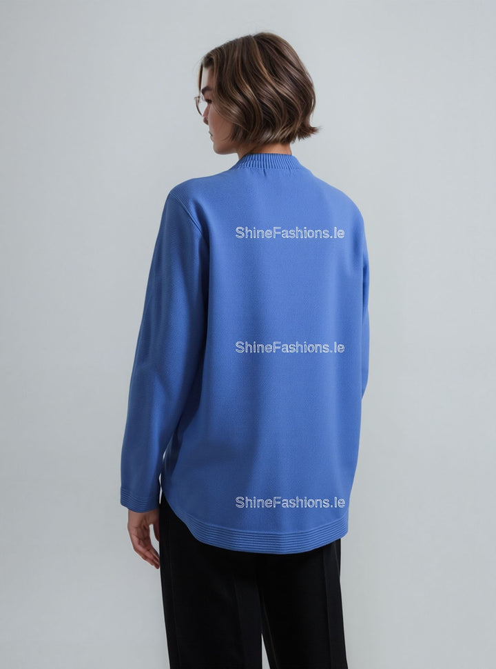 Blue Round Neck Button Pocket Cardigan