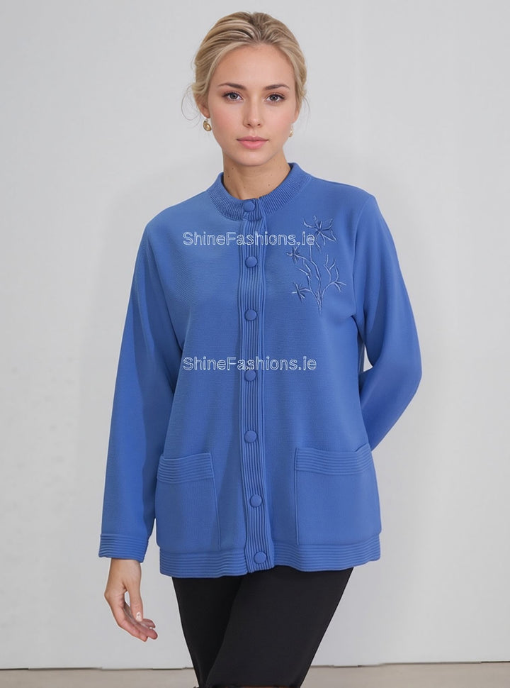 Blue Round Neck Button Pocket Cardigan