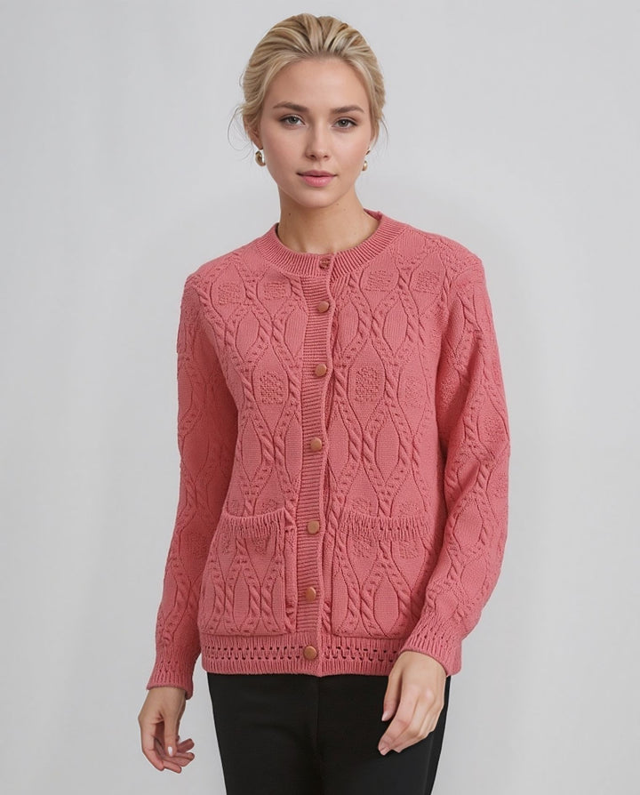 Coral Diamond Design Button Up Pockets Cardigan