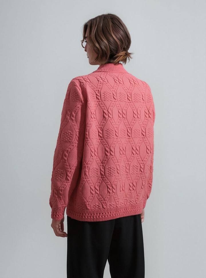 Coral Diamond Design Button Up Pockets Cardigan