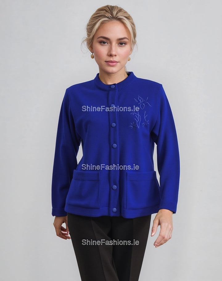 Royal Blue Round Neck Button Pocket Cardigan