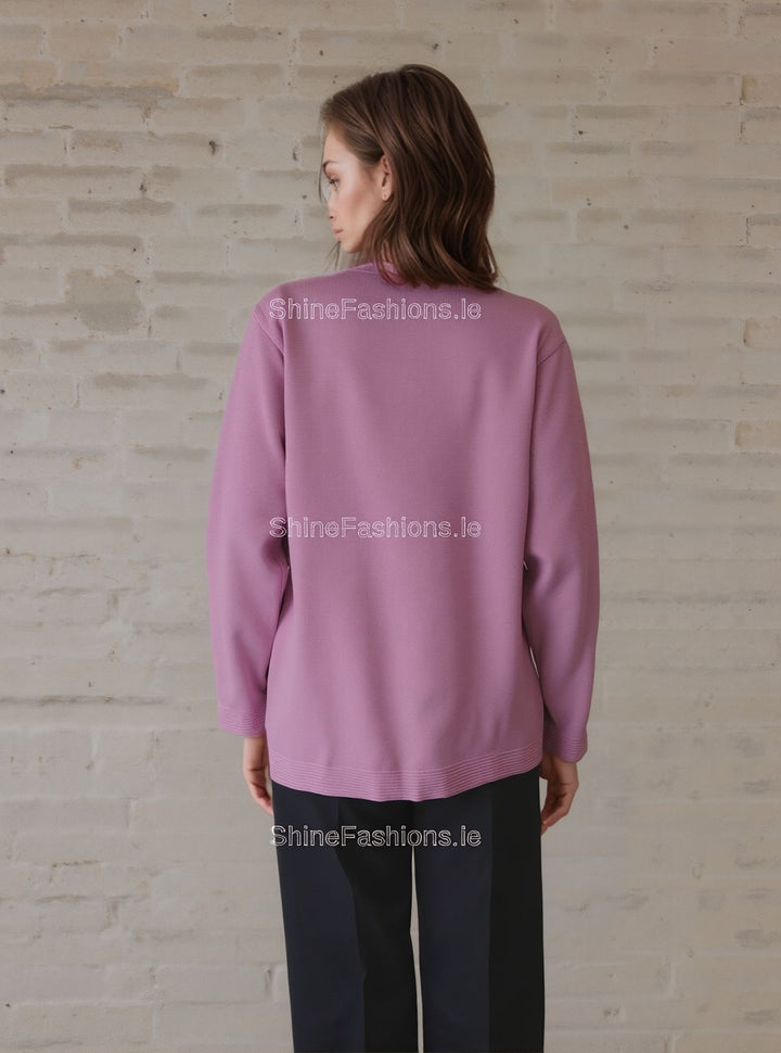 Pink Round Neck Button Pocket Cardigan