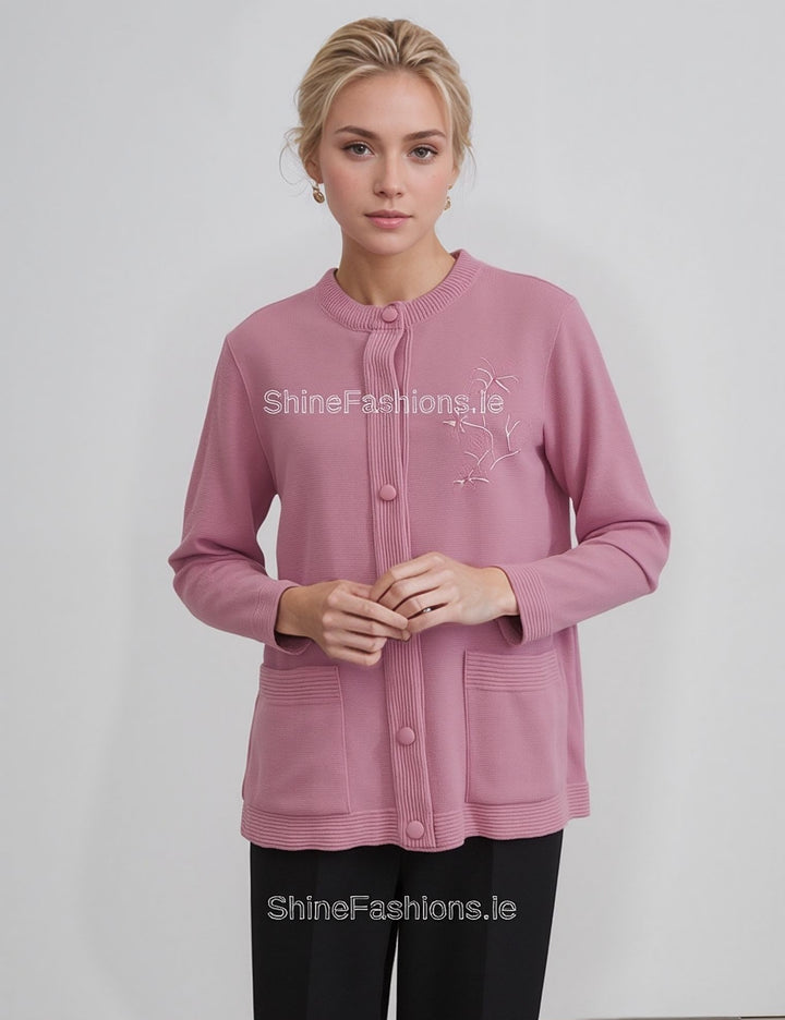 Pink Round Neck Button Pocket Cardigan