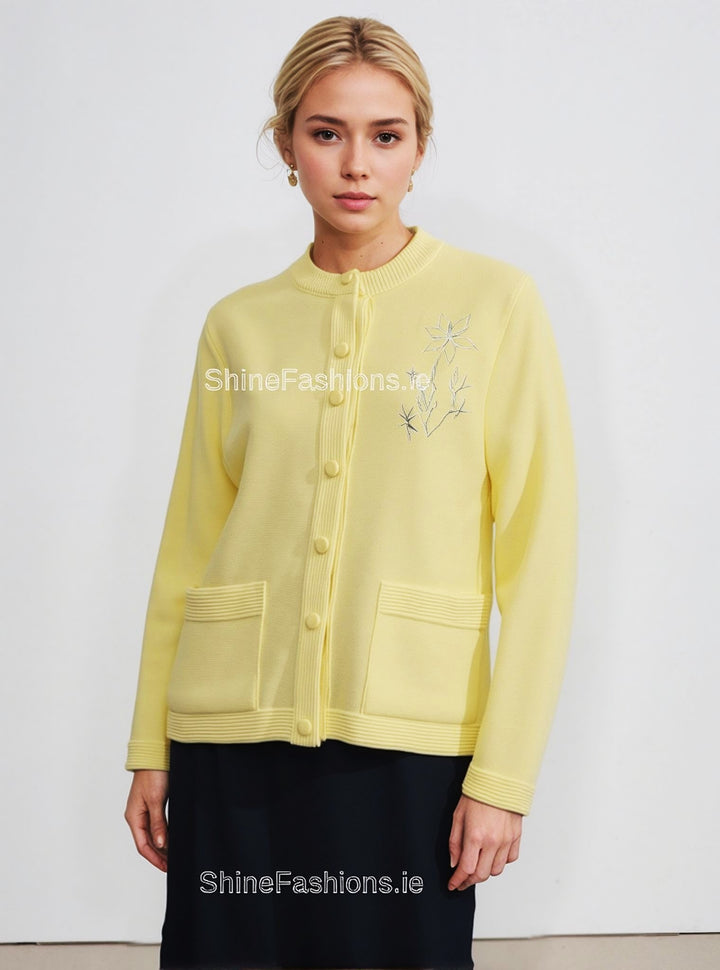 Yellow Round Neck Button Pocket Cardigan