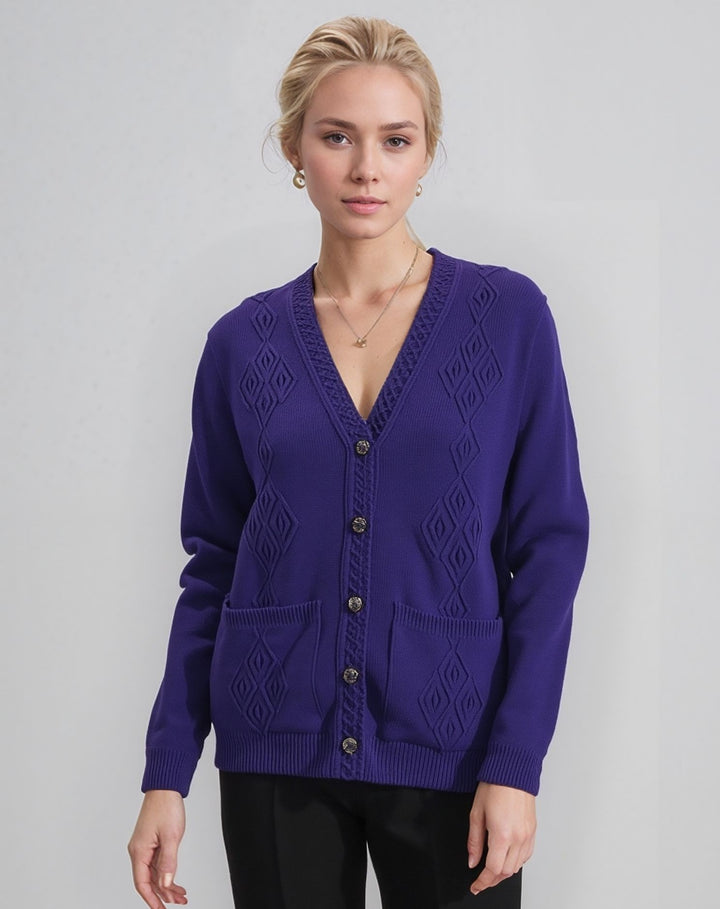 Purple V-Neck Diamond Design Cardigan with Pockets