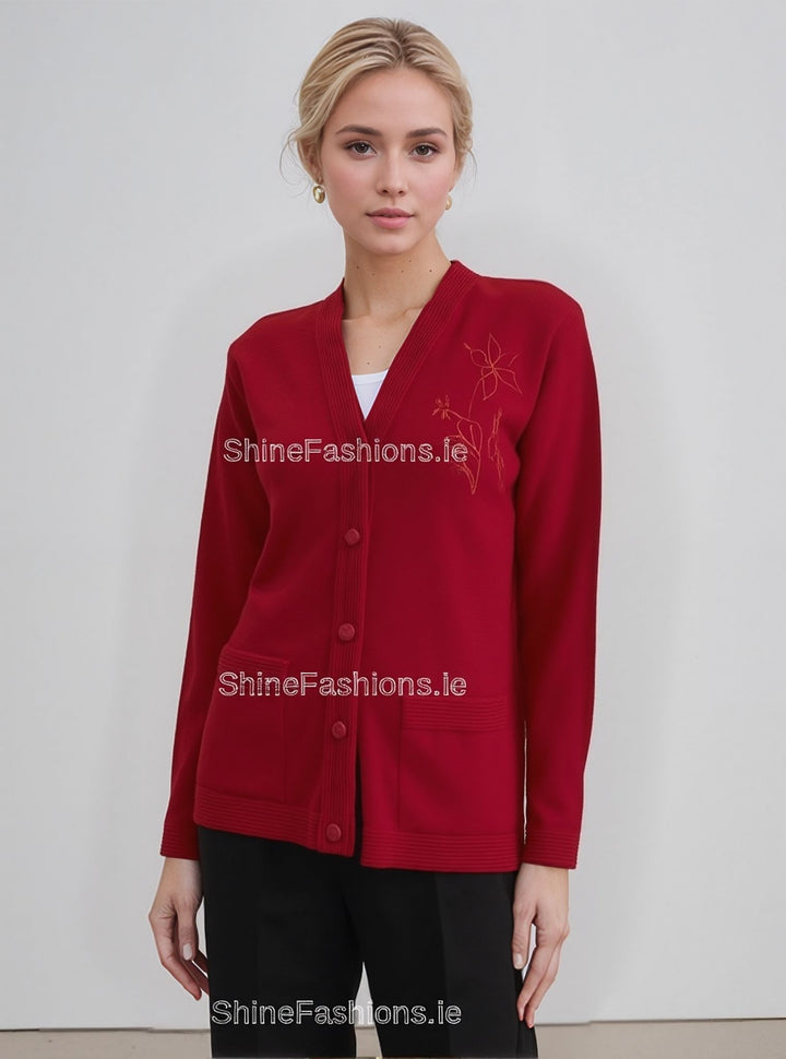 Red V-Neck Button Pocket Cardigan