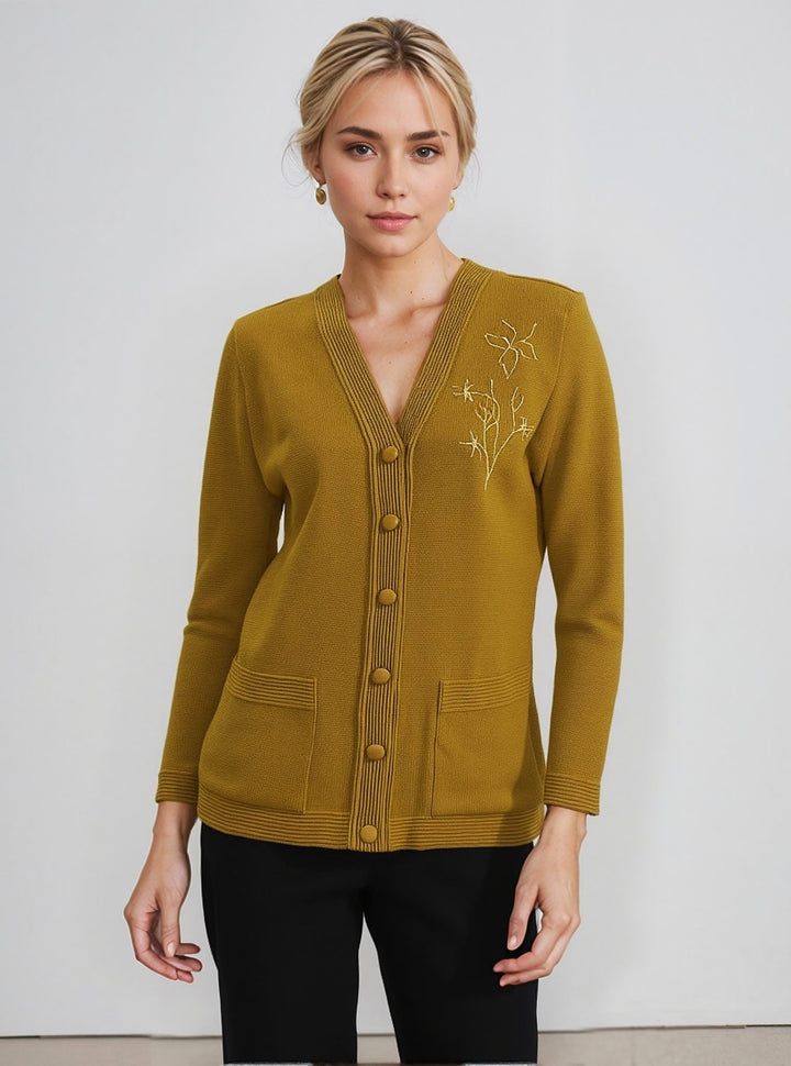 Mustard V-Neck Button Pocket Cardigan