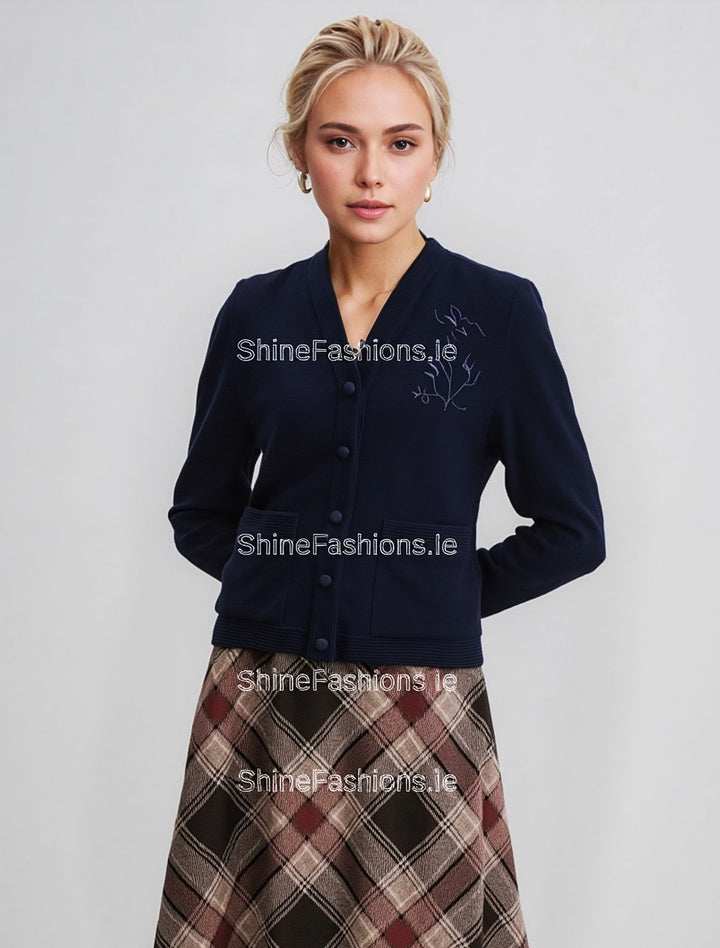 Navy V-Neck Button Pocket Cardigan