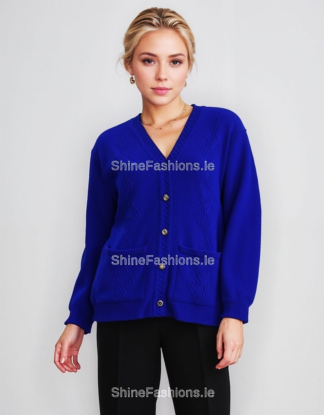 Royal Blue V-Neck Diamond Design Cardigan with Pockets