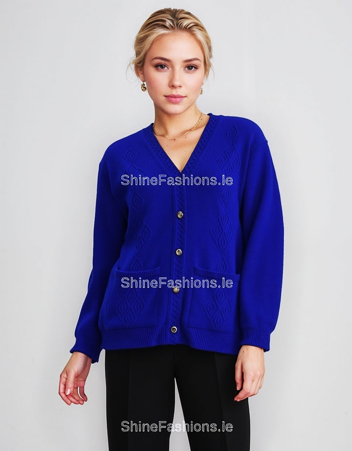 Royal Blue V-Neck Diamond Design Cardigan with Pockets