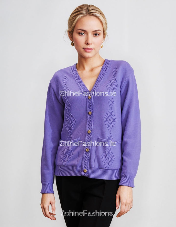 Lavender V-Neck Diamond Design Cardigan with Pockets