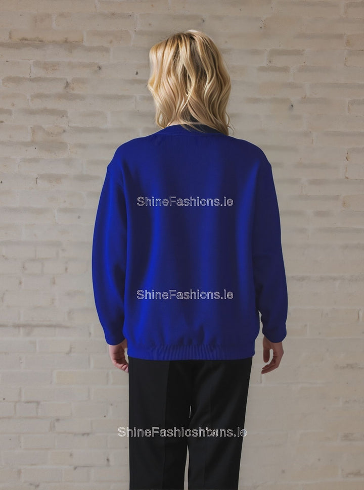 Royal Blue V-Neck Diamond Design Cardigan with Pockets