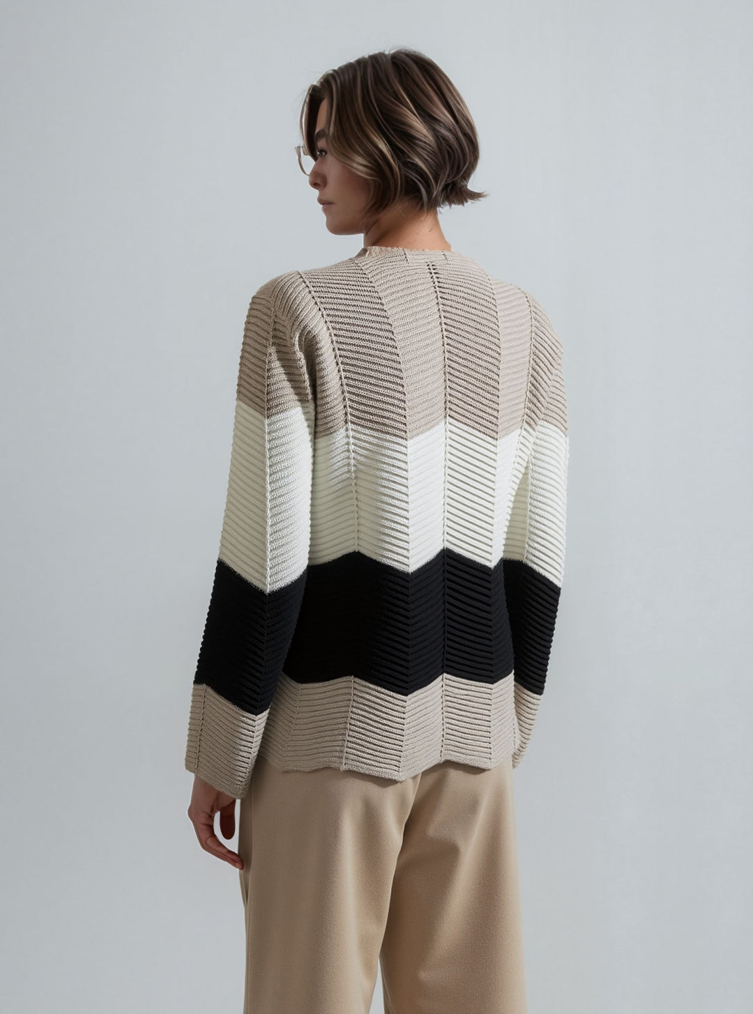 Beige Colour Block Design Knitted Jumper